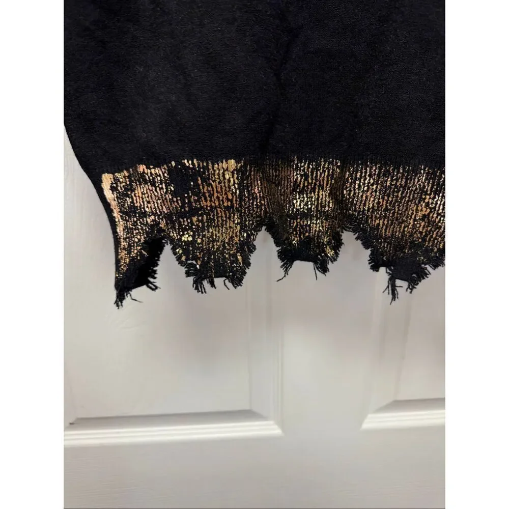 Gigi Moda Italy Black Gold Paint Frayed Hem Depo V-Beck Sweater sz XL NWOT